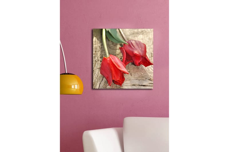 Canvastavla 45x45 cm - Röda tulpaner på en träyta - Röd / Grön - Inredning & dekor - Tavlor & konst - Canvastavla