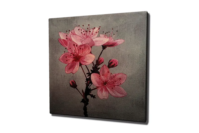 Canvastavla 45x45 cm - Rosa blommor med knoppar på en grå bakgrund - Rosa / Grå - Inredning & dekor - Tavlor & konst - Canvastavla