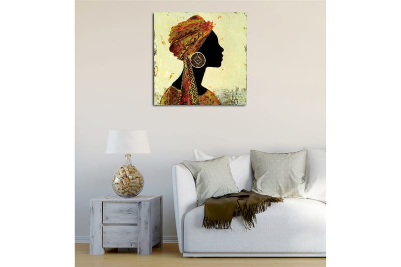 Canvastavla 45x45 cm - Silhuett av en kvinna med traditionell huvudbonad och stora örhängen - Svart / Guld / Orange - Inredning & dekor - Tavlor & konst - Canvastavla