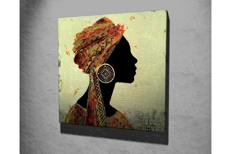 Canvastavla 45x45 cm - Silhuett av en kvinna med traditionell huvudbonad och stora örhängen - Svart / Guld / Orange - Inredning & dekor - Tavlor & konst - Canvastavla