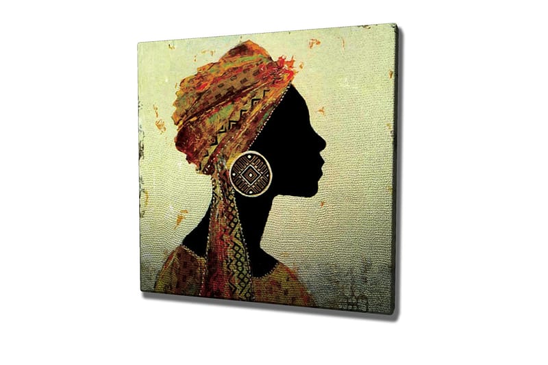 Canvastavla 45x45 cm - Silhuett av en kvinna med traditionell huvudbonad och stora örhängen - Svart / Guld / Orange - Inredning & dekor - Tavlor & konst - Canvastavla
