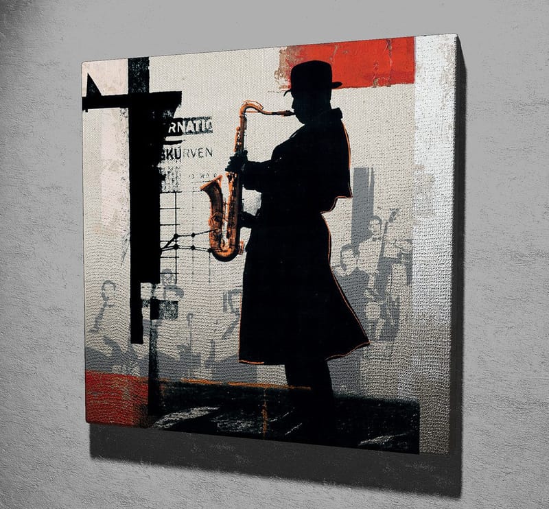 Canvastavla 45x45 cm - Silhuett av en saxofonist i en urban miljö - Svart / Röd / Beige - Inredning & dekor - Tavlor & konst - Canvastavla