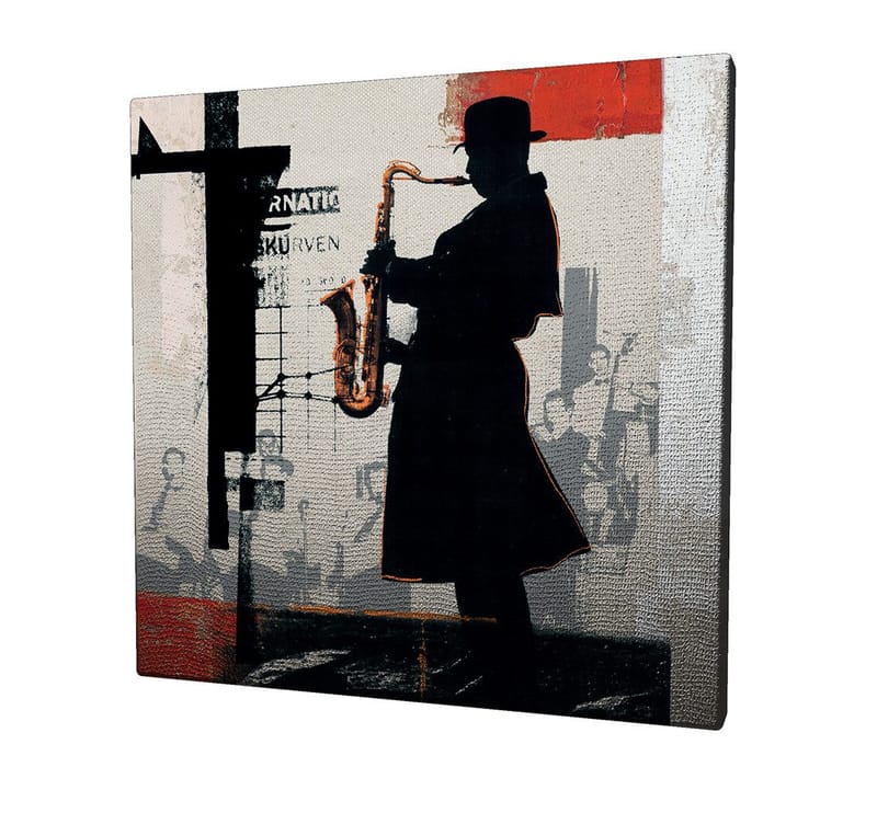 Canvastavla 45x45 cm - Silhuett av en saxofonist i en urban miljö - Svart / Röd / Beige - Inredning & dekor - Tavlor & konst - Canvastavla