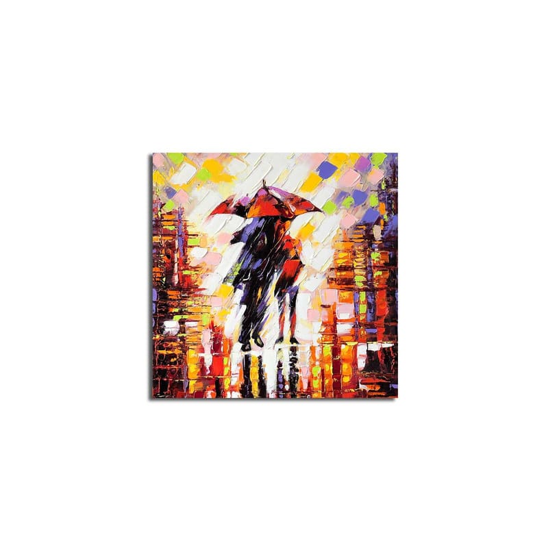 Canvastavla 45x45 cm - Silhuett av en person med paraply i en färgglad stadsmiljö - Röd / Orange / Svart - Inredning & dekor - Tavlor & konst - Canvastavla