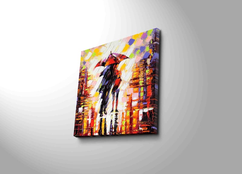 Canvastavla 45x45 cm - Silhuett av en person med paraply i en färgglad stadsmiljö - Röd / Orange / Svart - Inredning & dekor - Tavlor & konst - Canvastavla