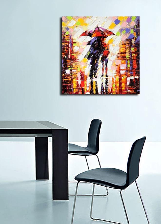 Canvastavla 45x45 cm - Silhuett av en person med paraply i en färgglad stadsmiljö - Röd / Orange / Svart - Inredning & dekor - Tavlor & konst - Canvastavla