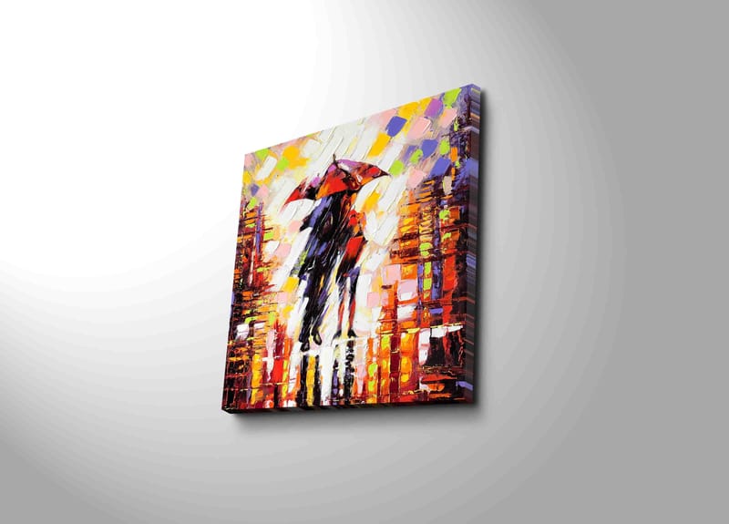 Canvastavla 45x45 cm - Silhuett av en person med paraply i en färgglad stadsmiljö, Röd / Orange / Svart