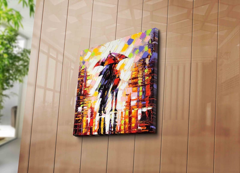 Canvastavla 45x45 cm - Silhuett av en person med paraply i en färgglad stadsmiljö - Röd / Orange / Svart - Inredning & dekor - Tavlor & konst - Canvastavla