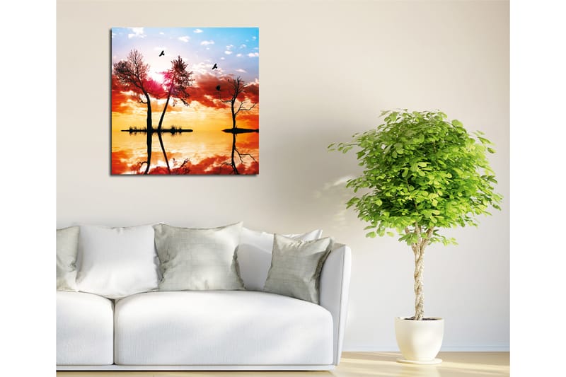 Canvastavla 45x45 cm - Silhuetter av träd vid en solnedgång med reflektioner i vattnet - Orange / Rosa / Blå - Inredning & dekor - Tavlor & konst - Canvastavla