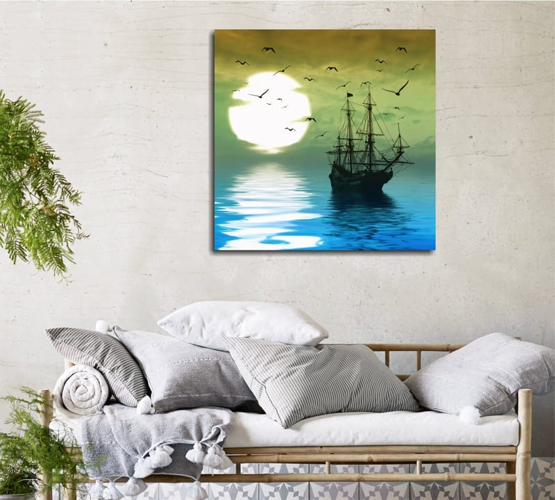 Canvastavla 45x45 cm - Skepp på spegelblanka vattenytor under en stämningsfull solnedgång - Mörkblå / Grön / Vit - Inredning & dekor - Tavlor & konst - Canvastavla