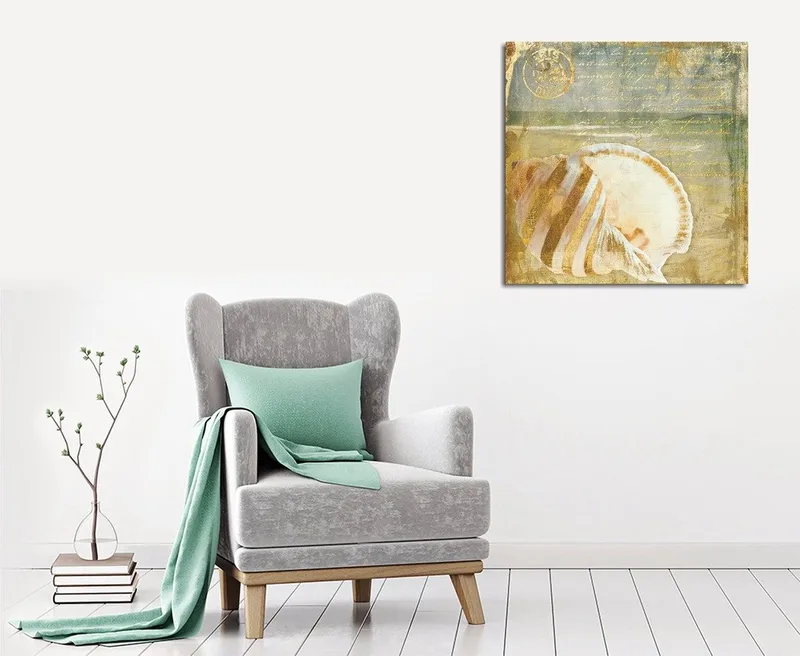 Canvastavla 45x45 cm - Snäcka med subtila detaljer och texturer, Beige / Blå / Grön