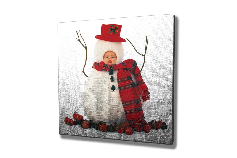 Canvastavla 45x45 cm - Snögubbe med röd hatt och scarf, omgiven av tomtar - Vit / Röd / Svart - Inredning & dekor - Tavlor & konst - Canvastavla