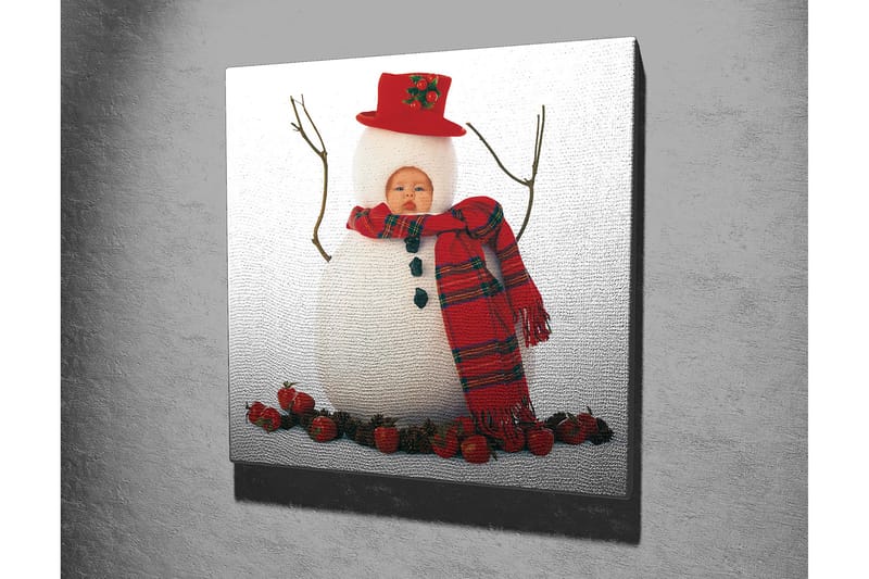 Canvastavla 45x45 cm - Snögubbe med röd hatt och scarf, omgiven av tomtar - Vit / Röd / Svart - Inredning & dekor - Tavlor & konst - Canvastavla