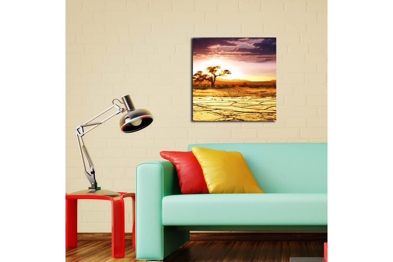 Canvastavla 45x45 cm - Solnedgång över en ökenlandskap med ett ensamt träd - Guld / Orange / Lila - Inredning & dekor - Tavlor & konst - Canvastavla
