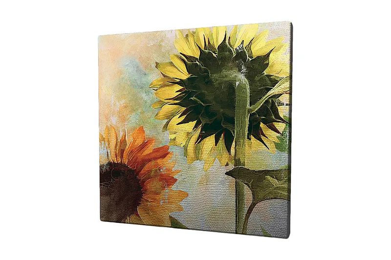 Canvastavla 45x45 cm - Solrosor i livfulla färger, Gult / Orange / Grönt