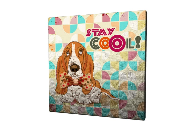 Canvastavla 45x45 cm - Söt bassetthund med en prydlig fluga, Orange / Blå / Beige