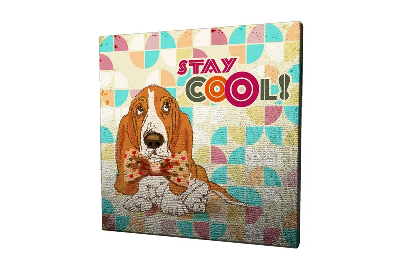 Canvastavla 45x45 cm - Söt bassetthund med en prydlig fluga, Orange / Blå / Beige