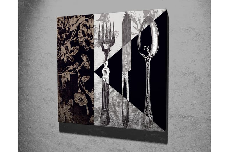 Canvastavla 45x45 cm - Stiliserad komposition av bestick och blommor - Svart / Grå / Beige - Inredning & dekor - Tavlor & konst - Canvastavla