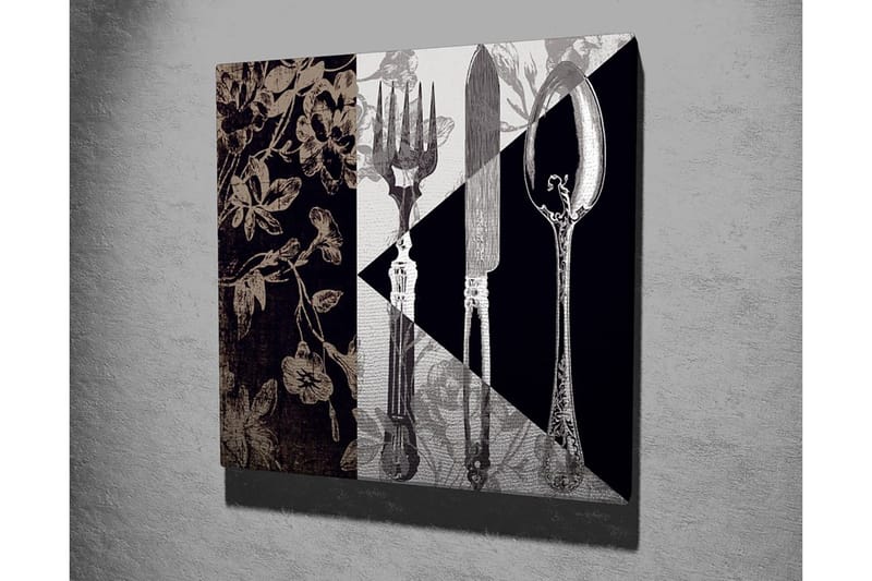 Canvastavla 45x45 cm - Stiliserad komposition av bestick och blommor - Svart / Grå / Beige - Inredning & dekor - Tavlor & konst - Canvastavla