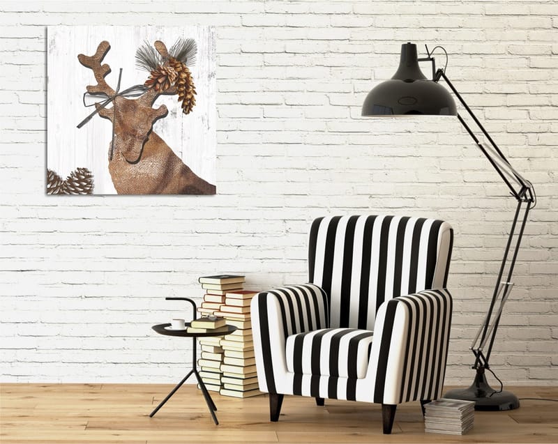 Canvastavla 45x45 cm - Stiliserad ren med kottar och grönska som dekoration - Brunt / Beige / Grönt - Inredning & dekor - Tavlor & konst - Canvastavla