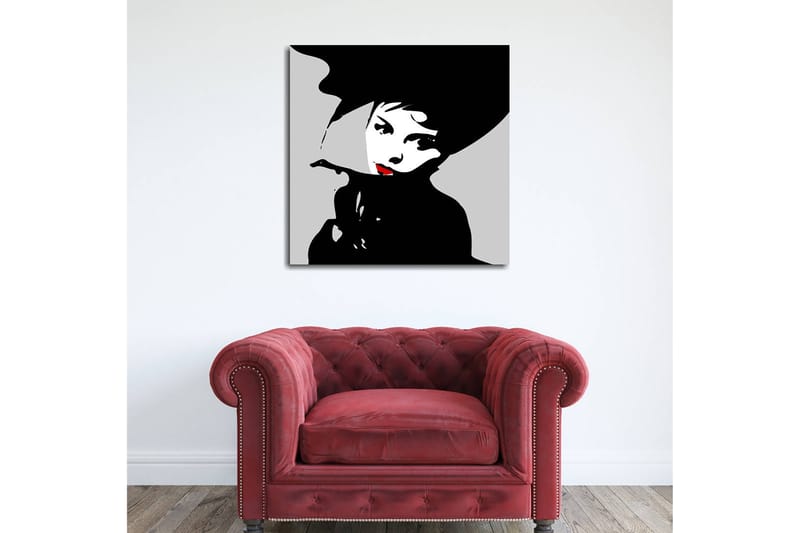 Canvastavla 45x45 cm - Stiliserad porträtt av en kvinna med hatt och röd läppstift, Svart / Vitt / Grått