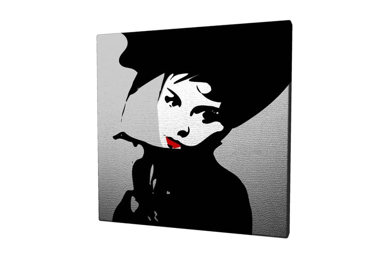 Canvastavla 45x45 cm - Stiliserad porträtt av en kvinna med hatt och röd läppstift - Svart / Vitt / Grått - Inredning & dekor - Tavlor & konst - Canvastavla