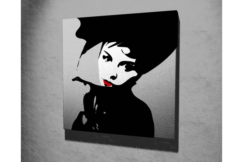 Canvastavla 45x45 cm - Stiliserad porträtt av en kvinna med hatt och röd läppstift - Svart / Vitt / Grått - Inredning & dekor - Tavlor & konst - Canvastavla