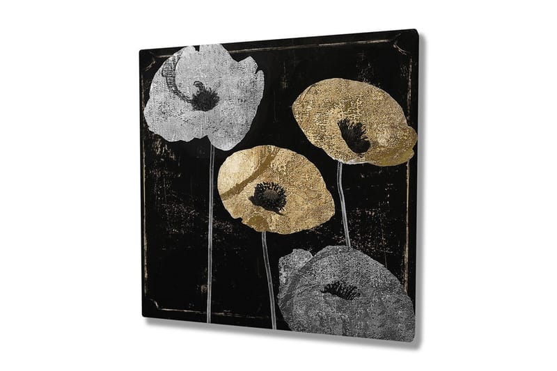 Canvastavla 45x45 cm - Stiliserade blommor i silver och guld mot en svart bakgrund, Silver / Guld / Svart