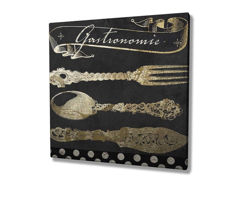 Canvastavla 45x45 cm - Stiliserade köksredskap i guld mot en mörk bakgrund - Guld / Svart - Inredning & dekor - Tavlor & konst - Canvastavla