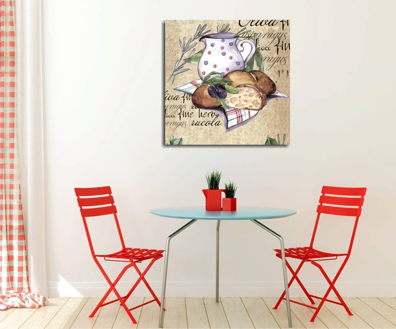 Canvastavla 45x45 cm - Stillhet med en kanna, bröd och oliver på en duk - Beige / Grön / Brun - Inredning & dekor - Tavlor & konst - Canvastavla