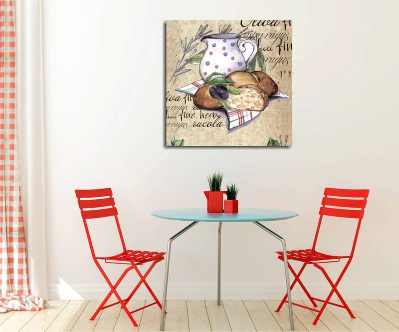 Canvastavla 45x45 cm - Stillhet med en kanna, bröd och oliver på en duk, Beige / Grön / Brun