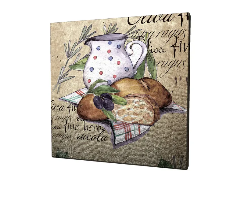 Canvastavla 45x45 cm - Stillhet med en kanna, bröd och oliver på en duk - Beige / Grön / Brun - Inredning & dekor - Tavlor & konst - Canvastavla