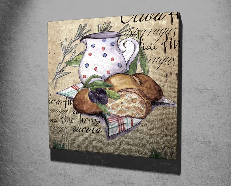 Canvastavla 45x45 cm - Stillhet med en kanna, bröd och oliver på en duk - Beige / Grön / Brun - Inredning & dekor - Tavlor & konst - Canvastavla