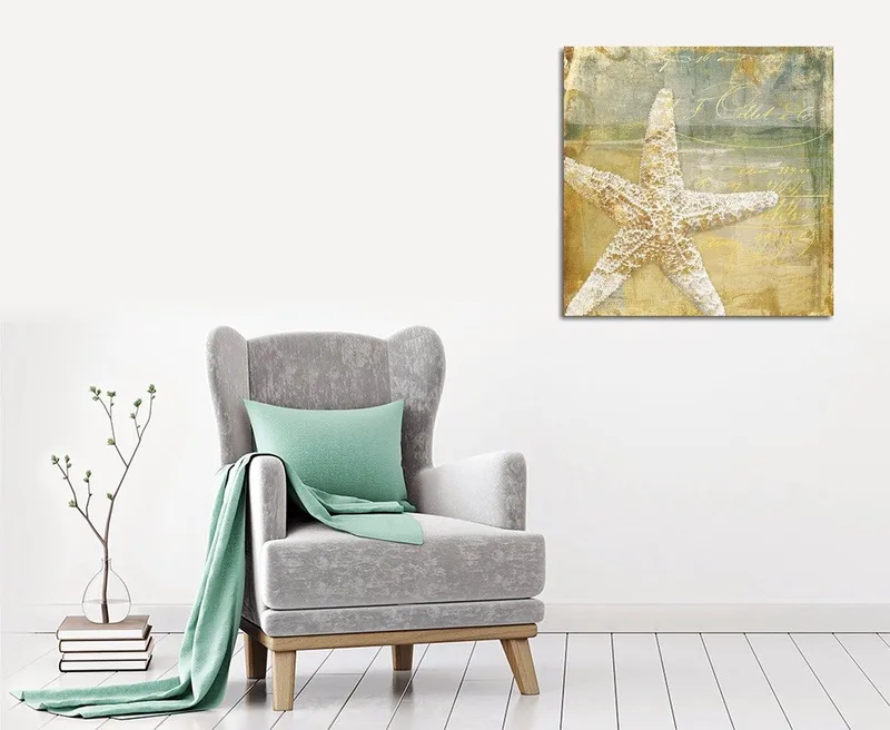 Canvastavla 45x45 cm - Stjärna i sand med vintage-inspirerad bakgrund, Guld / Beige / Ljusblå