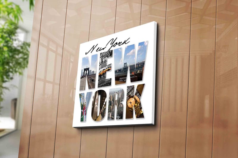 Canvastavla 45x45 cm - Storslagen collage av New Yorks ikoniska landmärken - Gult / Blått / Grått - Inredning & dekor - Tavlor & konst - Canvastavla