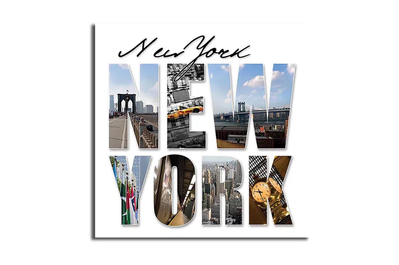 Canvastavla 45x45 cm - Storslagen collage av New Yorks ikoniska landmärken, Gult / Blått / Grått