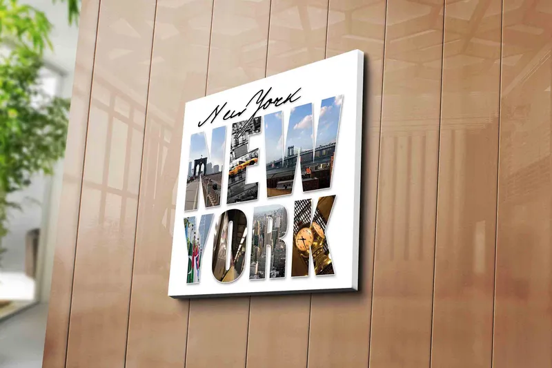 Canvastavla 45x45 cm - Storslagen collage av New Yorks ikoniska landmärken - Gult / Blått / Grått - Inredning & dekor - Tavlor & konst - Canvastavla