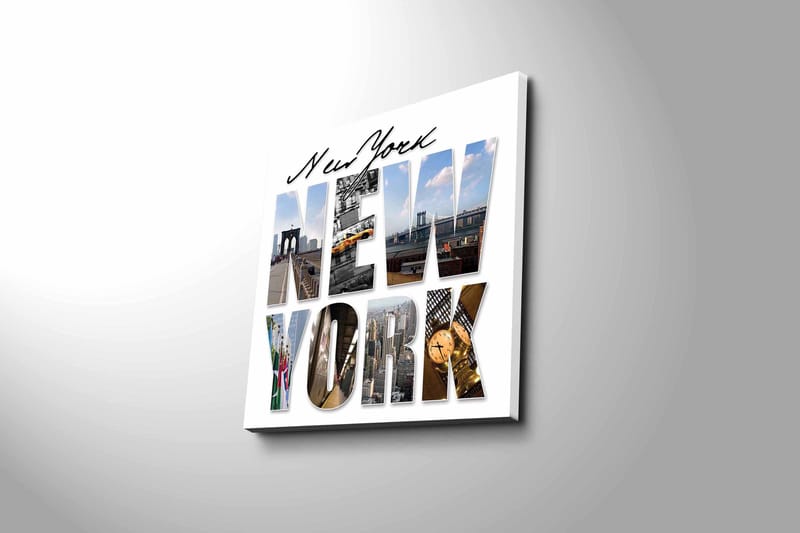 Canvastavla 45x45 cm - Storslagen collage av New Yorks ikoniska landmärken - Gult / Blått / Grått - Inredning & dekor - Tavlor & konst - Canvastavla
