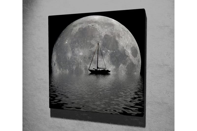 Canvastavla 45x45 cm - Storslagen fullmåne som speglas i vattnet med en segelbåt i förgrunden - Grå / Svart - Inredning & dekor - Tavlor & konst - Canvastavla
