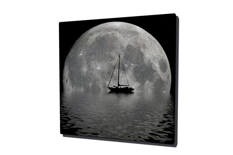 Canvastavla 45x45 cm - Storslagen fullmåne som speglas i vattnet med en segelbåt i förgrunden - Grå / Svart - Inredning & dekor - Tavlor & konst - Canvastavla