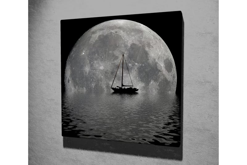 Canvastavla 45x45 cm - Storslagen fullmåne som speglas i vattnet med en segelbåt i förgrunden - Grå / Svart - Inredning & dekor - Tavlor & konst - Canvastavla
