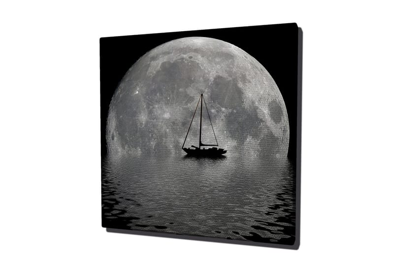 Canvastavla 45x45 cm - Storslagen fullmåne som speglas i vattnet med en segelbåt i förgrunden - Grå / Svart - Inredning & dekor - Tavlor & konst - Canvastavla