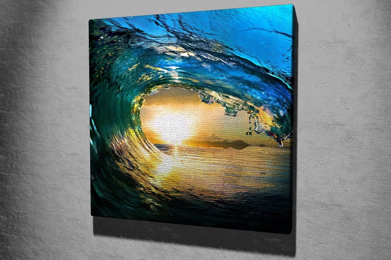 Canvastavla 45x45 cm - Storslagen våg som fångar solnedgångens ljus - Blå / Grön / Gyllene - Inredning & dekor - Tavlor & konst - Canvastavla