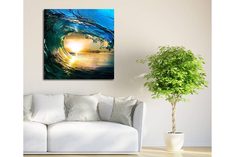 Canvastavla 45x45 cm - Storslagen våg som fångar solnedgångens ljus - Blå / Grön / Gyllene - Inredning & dekor - Tavlor & konst - Canvastavla