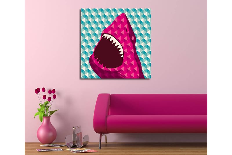 Canvastavla 45x45 cm - Stort, öppet hajhuvud i en färgglad stil - Rosa / Turkos / Vit - Inredning & dekor - Tavlor & konst - Canvastavla