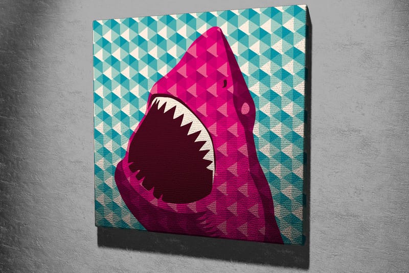 Canvastavla 45x45 cm - Stort, öppet hajhuvud i en färgglad stil - Rosa / Turkos / Vit - Inredning & dekor - Tavlor & konst - Canvastavla