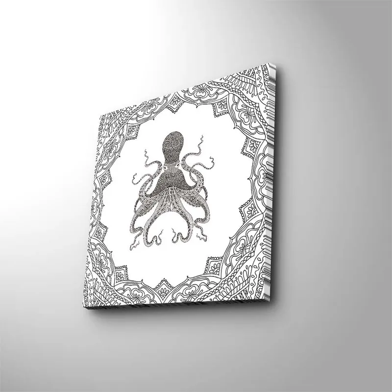Canvastavla 45x45 cm - Svart bläckteckning av en bläckfisk omgiven av en dekorativ ram, Svart / Vitt