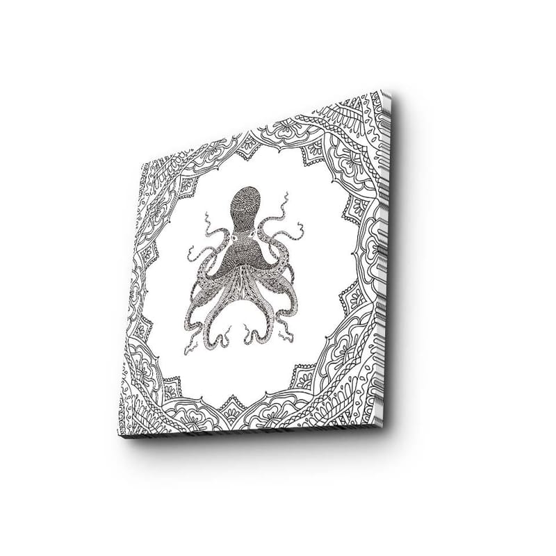 Canvastavla 45x45 cm - Svart bläckteckning av en bläckfisk omgiven av en dekorativ ram - Svart / Vitt - Inredning & dekor - Tavlor & konst - Canvastavla