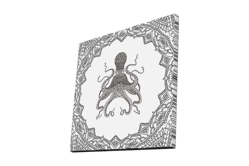 Canvastavla 45x45 cm - Svart bläckteckning av en bläckfisk omgiven av intrikata mönster, Svart / Vitt