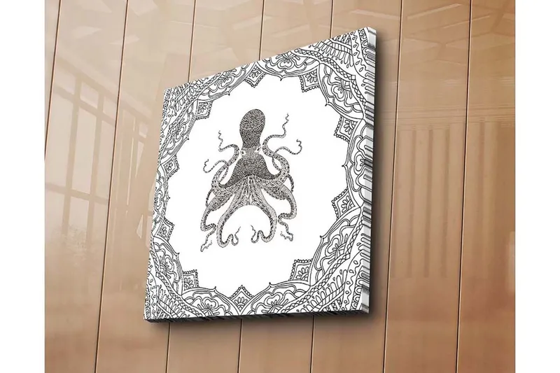 Canvastavla 45x45 cm - Svart bläckteckning av en bläckfisk omgiven av intrikata mönster - Svart / Vitt - Inredning & dekor - Tavlor & konst - Canvastavla